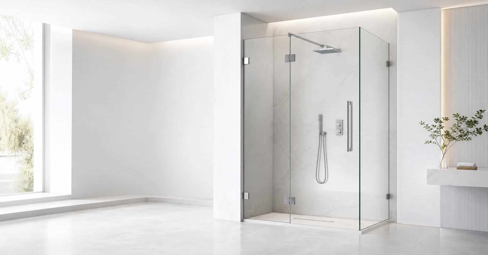 Bright white showroom with a glass shower enclosure